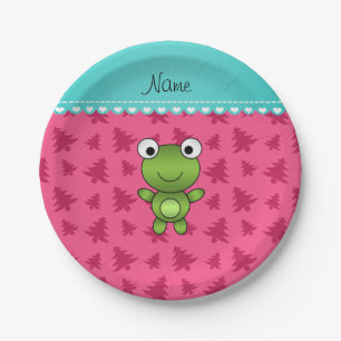Personalized name baby frog pink christmas trees paper plate