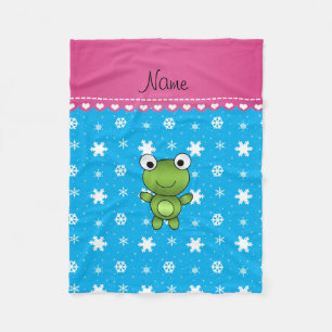 Personalized name baby frog sky blue snowflakes fleece blanket