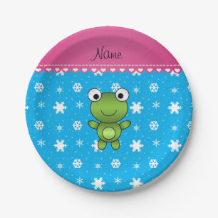 Personalized name baby frog sky blue snowflakes paper plate