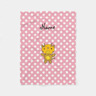 Personalized name baby giraffe pink polka dots fleece blanket