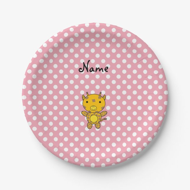 Personalized name baby giraffe pink polka dots paper plate (Front)