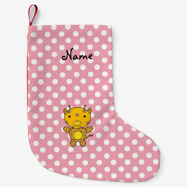 Personalized name baby giraffe pink polka dots small christmas stocking (Front)