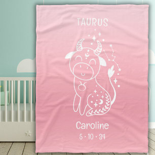 Personalized Name Baby Girl Taurus Zodiac Pink Fleece Blanket