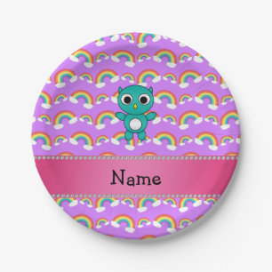 Personalized name baby owl purple rainbows paper plate