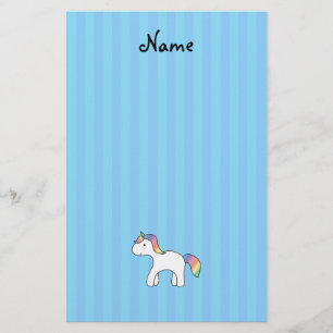Personalized name baby unicorn blue stripes stationery