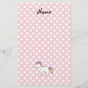 Personalized name baby unicorn pink polka dots stationery