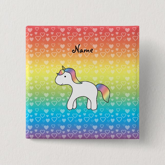 Personalized name baby unicorn rainbow hearts 2 inch square button (Front)