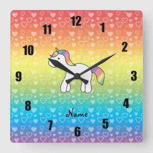 Personalized name baby unicorn rainbow hearts square wall clock