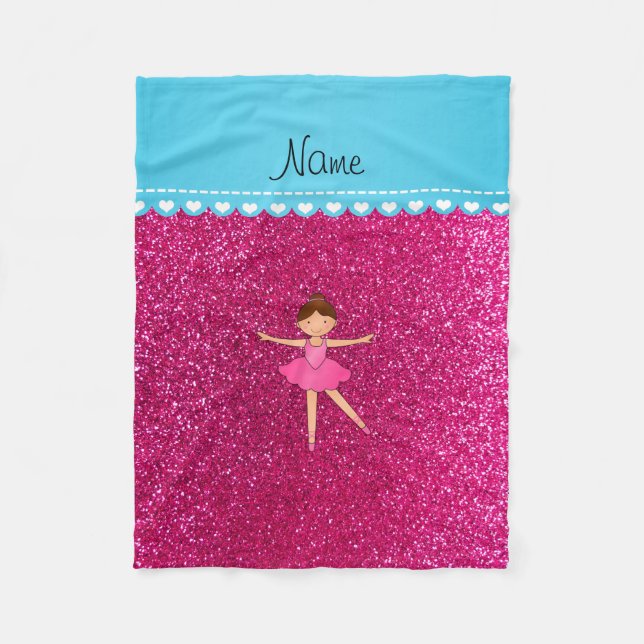Personalized name ballerina neon hot pink glitter fleece blanket (Front)