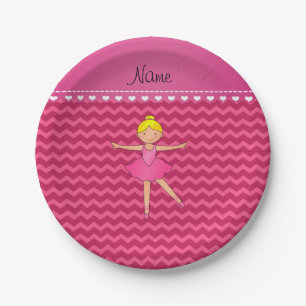Personalized name ballerina pink chevrons paper plate