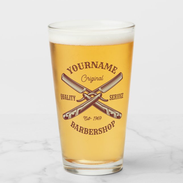 Personalized NAME Barber Straight Razor Barbershop Glass (Front Filled)