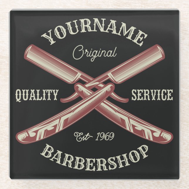 Personalized NAME Barber Straight Razor Barbershop Glass Coaster (Front)