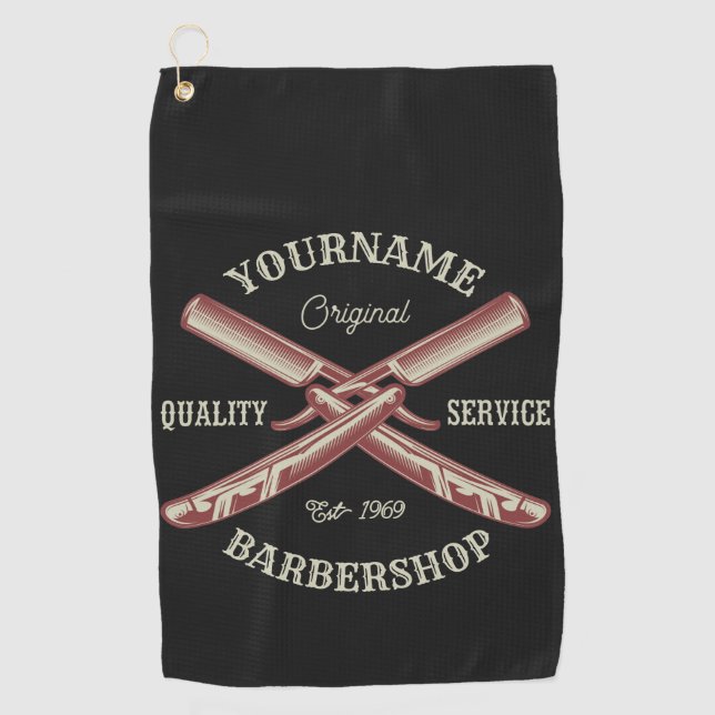 Personalized NAME Barber Straight Razor Barbershop Golf Towel (Front)