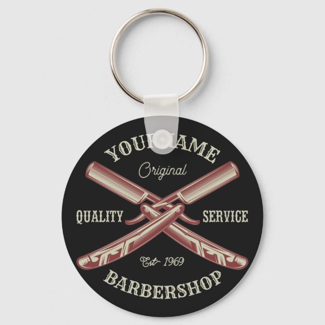 Personalized NAME Barber Straight Razor Barbershop Keychain (Front)