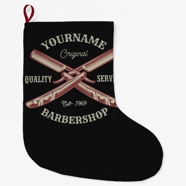 Personalized NAME Barber Straight Razor Barbershop Large Christmas Stocking (Front)