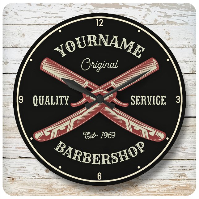 Personalized NAME Barber Straight Razor Barbershop Large Clock (Creator Uploaded)