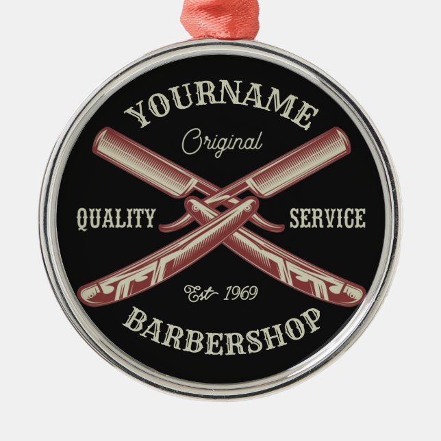 Personalized NAME Barber Straight Razor Barbershop Metal Ornament (Front)