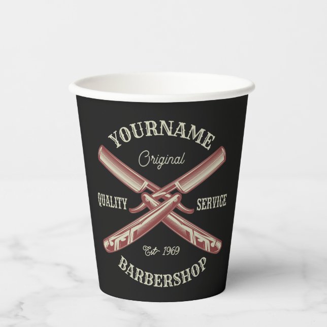Personalized NAME Barber Straight Razor Barbershop Paper Cups (Front)