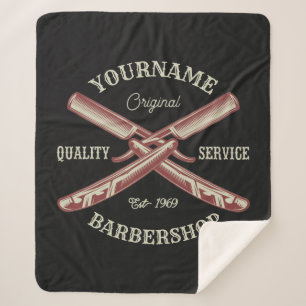 Personalized NAME Barber Straight Razor Barbershop Sherpa Blanket