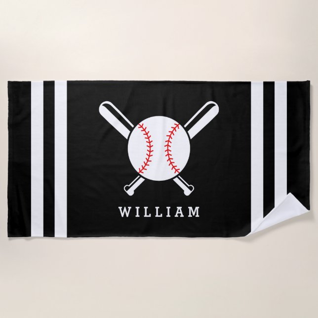 Personalized Name Baseball Black Stripes Beach Towel (Front)