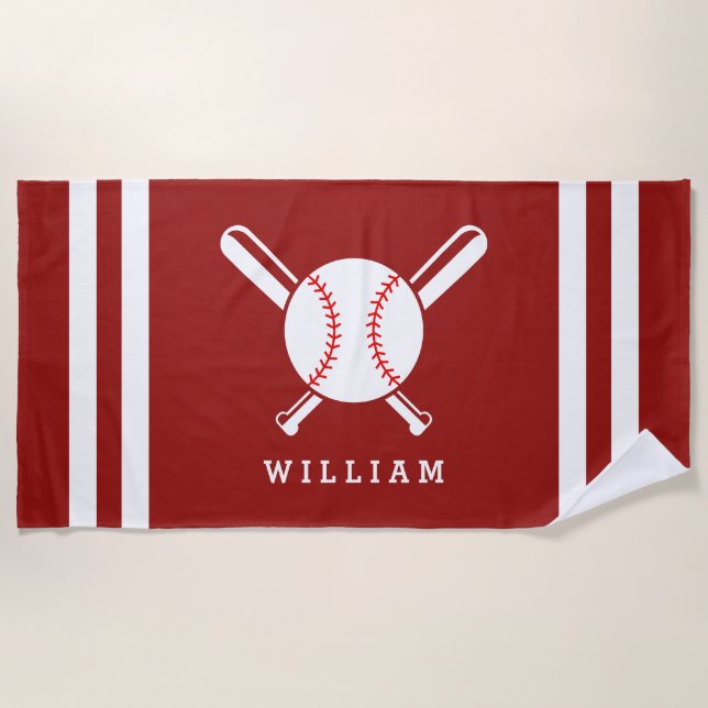 Personalized Name Baseball Dark Red Stripes Beach Towel (Front)