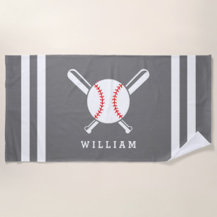 Personalized Name Baseball Grey Stripes Beach Towel