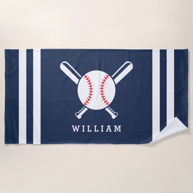 Personalized Name Baseball Navy Blue Stripes Beach Towel (Front)