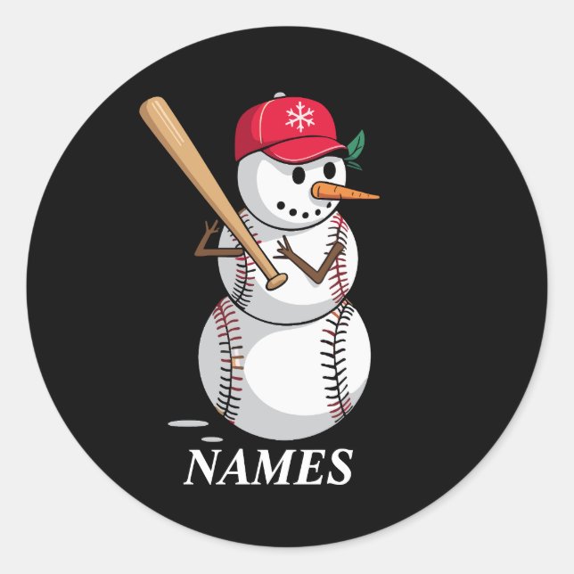 Personalized Name Baseball Snowman Balls Snow Xmas Classic Round Sticker (Front)