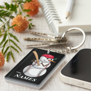 Personalized Name Baseball Snowman Balls Snow Xmas Keychain