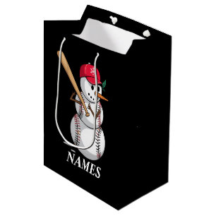 Personalized Name Baseball Snowman Balls Snow Xmas Medium Gift Bag