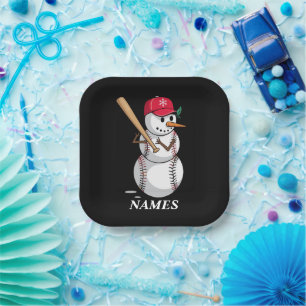 Personalized Name Baseball Snowman Balls Snow Xmas Paper Plate