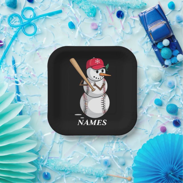 Personalized Name Baseball Snowman Balls Snow Xmas Paper Plate (Party)