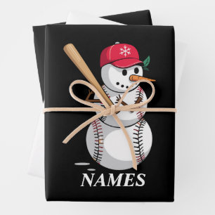 Personalized Name Baseball Snowman Balls Snow Xmas Wrapping Paper Sheet