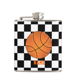 Personalized name basketball black white checkers hip flask