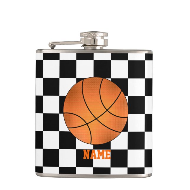 Personalized name basketball black white checkers hip flask (Front)
