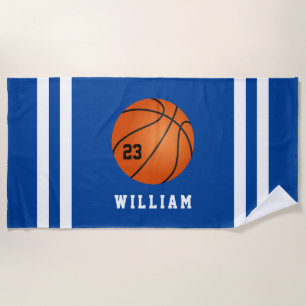 Personalized Name Basketball Blue Stripes Beach Towel