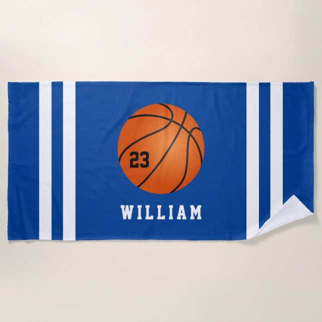 Personalized Name Basketball Blue Stripes Beach Towel (Front)