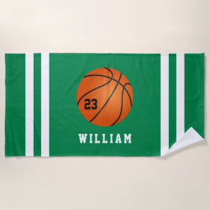 Personalized Name Basketball Green Stripes Beach Towel