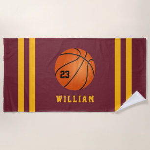 Personalized Name Basketball Wine Gold Stripes Beach Towel