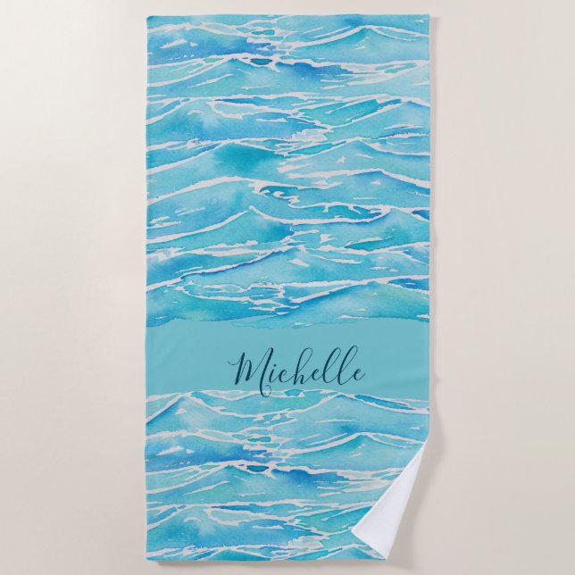 Personalized Name Beach Waves Watercolor Novelty Towel (Front)