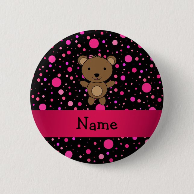 Personalized name bear black pink polka dots 2 inch round button (Front)