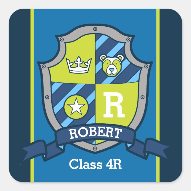 Personalized name bear knights shield school square sticker (Front)