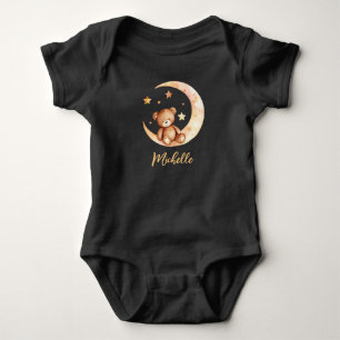 Personalized Name Bear Moon & Stars Black          Baby Bodysuit
