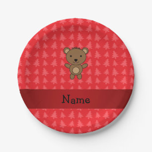 Personalized name bear red christmas trees paper plate