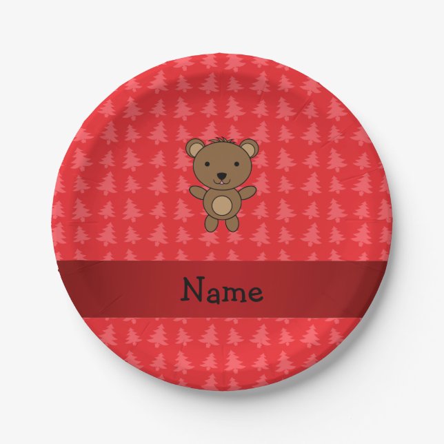 Personalized name bear red christmas trees paper plate (Front)
