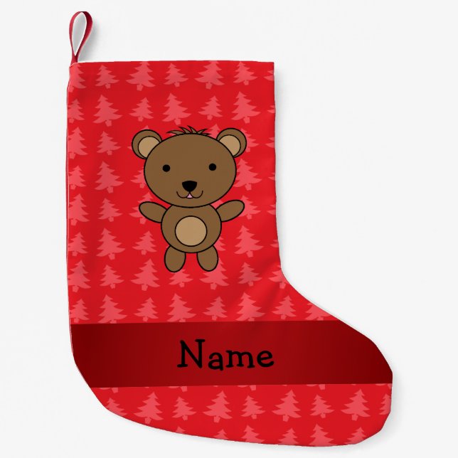 Personalized name bear red christmas trees small christmas stocking (Front)