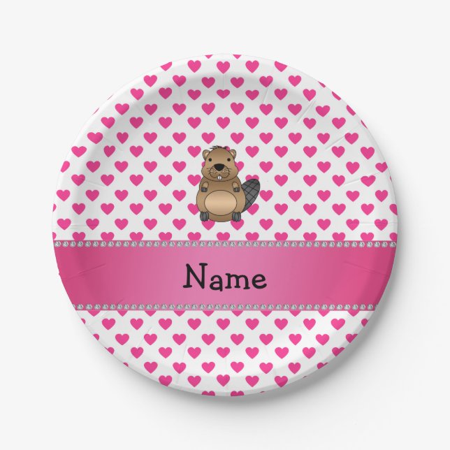 Personalized name beaver pink hearts polka dots paper plate (Front)