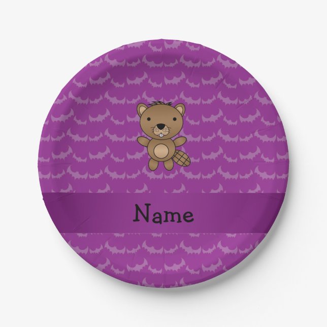 Personalized name beaver purple bats paper plate (Front)