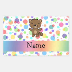 Personalized name beaver rainbow polka dots sticker