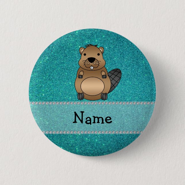 Personalized name beaver turquoise glitter 2 inch round button (Front)
